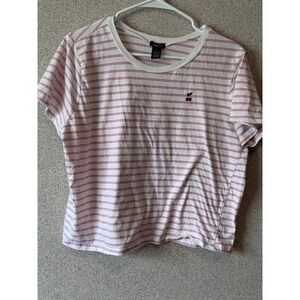 Rue21 White Pink Striped T-Shirt with Cherry‎ Embroidery Womens XL
